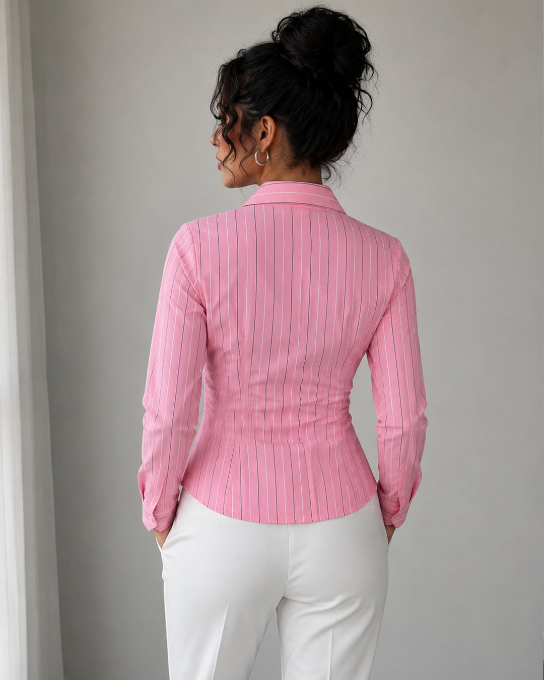 Formal Striped Collared Neck Long Sleeve Shirt in Pink