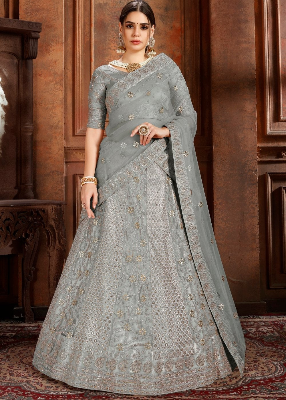 Trout Grey Soft Net Lehenga Choli with Thread, Zari, Zarkan & Pearl work