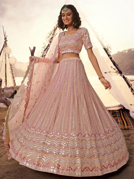 Peach Embroidered Organza Lehenga