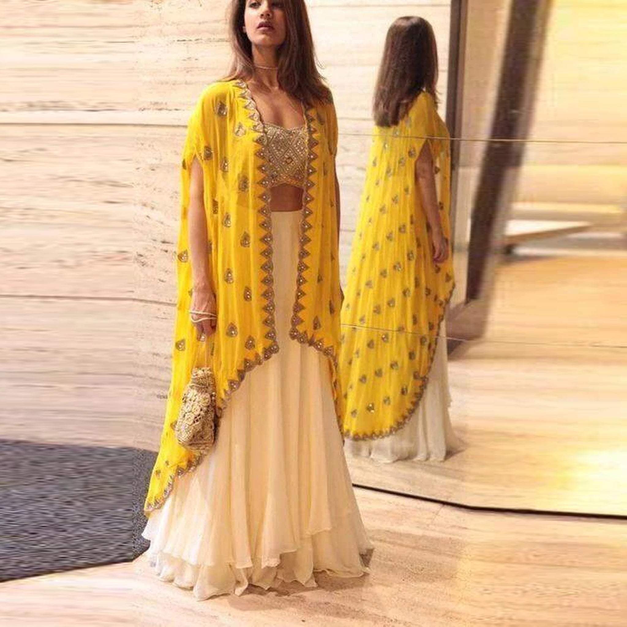 White Georgette Lehenga with Yellow Koti