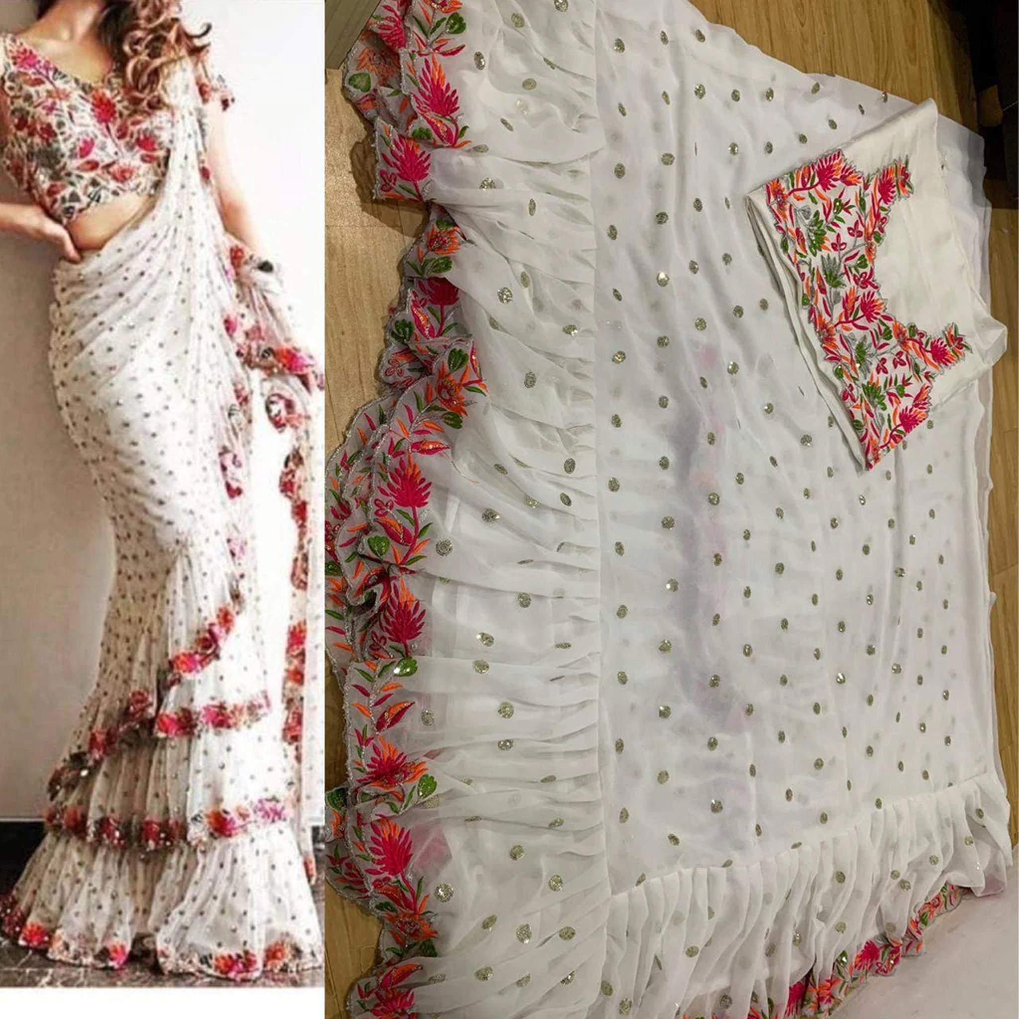 White Ruffle Saree In Georgette with Silk Blouse for Wedding