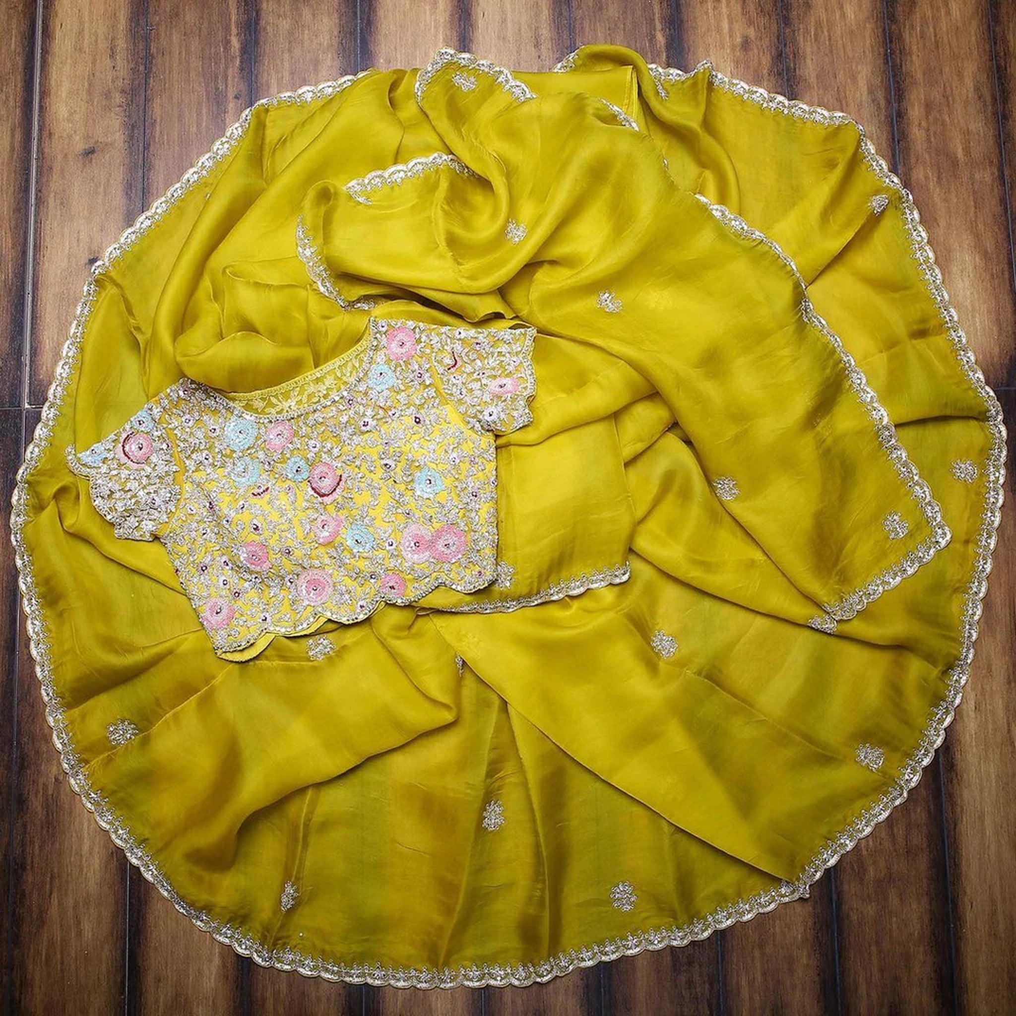 Yellow Organza Saree with Heavy Embroidery work and Unstitched Blouse