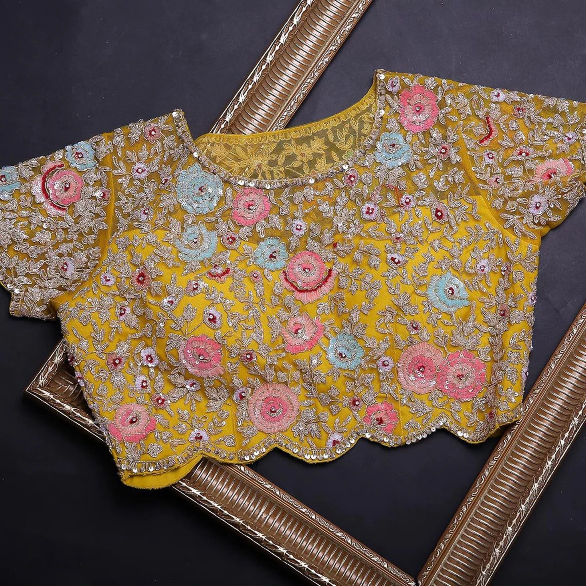 Yellow Organza Saree with Heavy Embroidery work and Unstitched Blouse