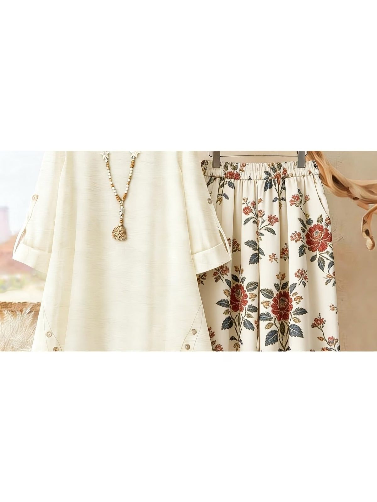 Plus Size Retro Print Two-Piece Set – Casual Long Sleeve Top & Comfortable Pants Outfit for Women