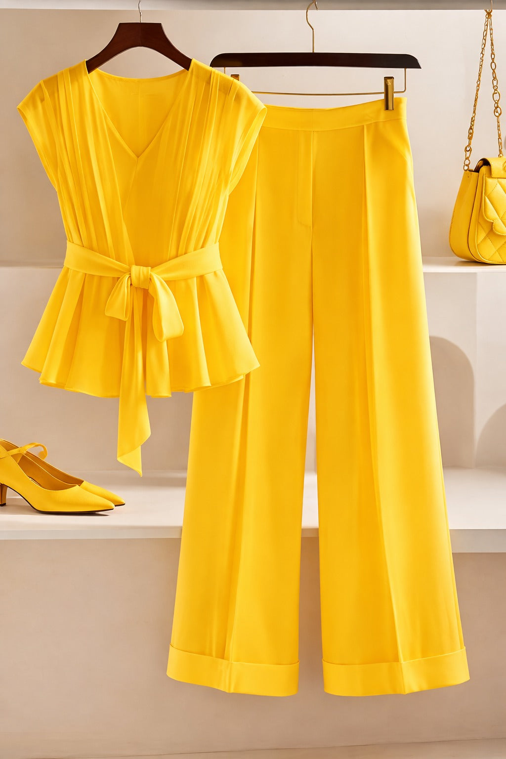 Summer French Solid Two-Piece Set – Elegant Women’s Top & Pants Suit