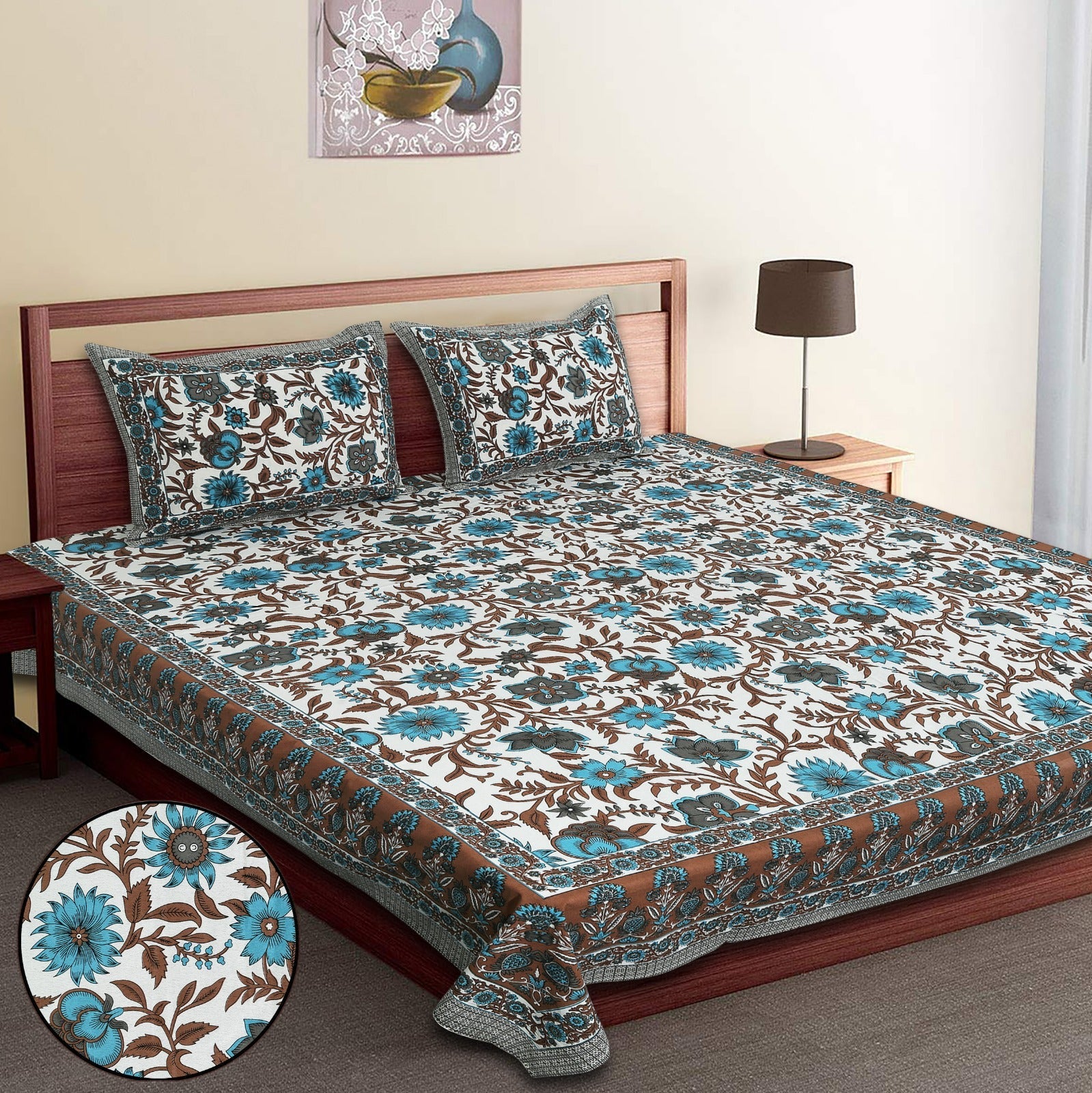 King-Size Bed Sheet Set with 2 Pillow Covers (Cotton Autoloom Fabric)