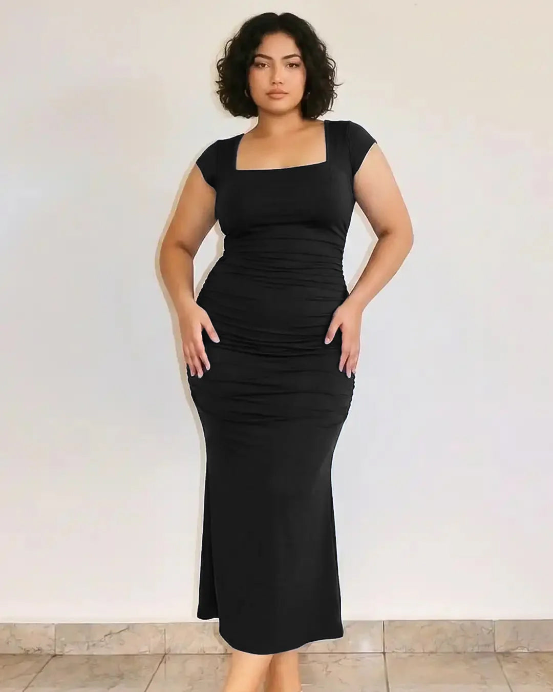 Bodycon Maxi Square Neck Cap Sleeve Dress Curve And Plus in Black