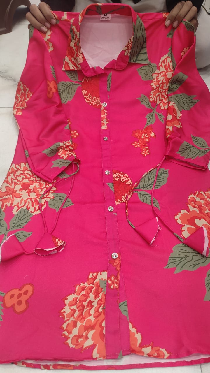 Muslin Digital Print Co-Ord Set – Shirt Collar Top with Dori Pattern Sleeves & Matching Pant