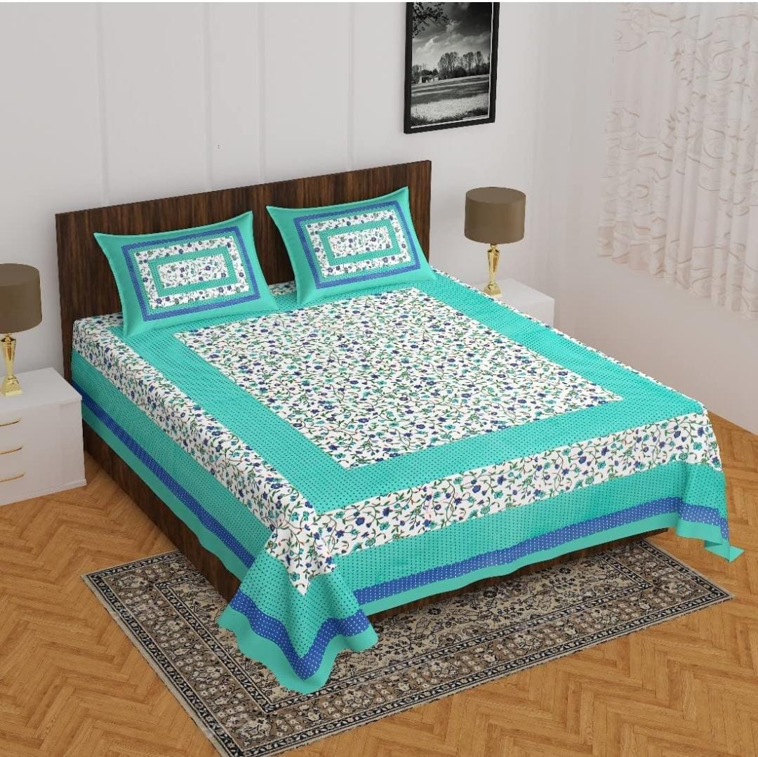 Jaipuri Double Bedsheet Set with Two Pillow Covers - 90x100 Size