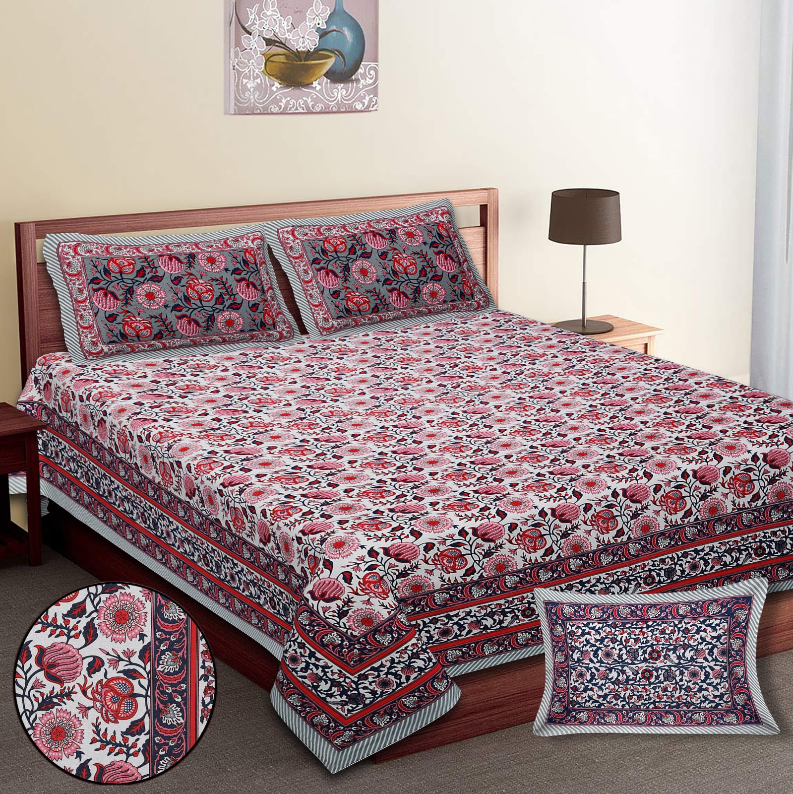 King-Size Cotton Bedsheet Set with Pillow Covers