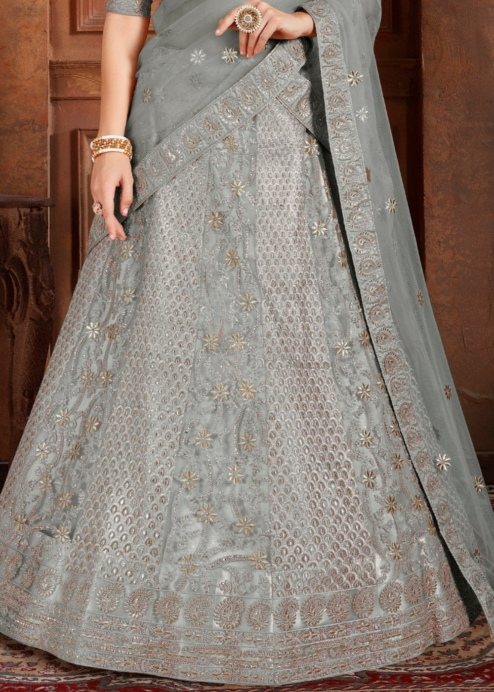 Trout Grey Soft Net Lehenga Choli with Thread, Zari, Zarkan & Pearl work