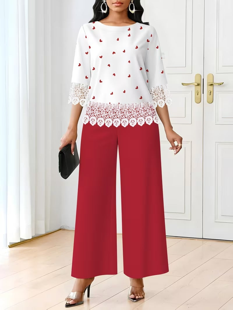 Chic Polka Dot Lace Co-Ord Set – Elegant Round Neck Top with Relaxed Fit Solid Trousers