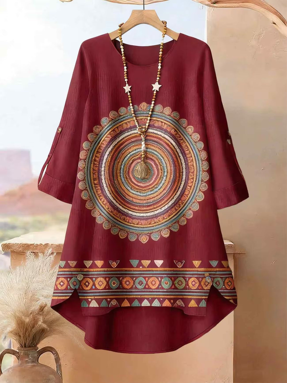 Plus Size Bohemian Printed Co-Ord Set – V-Neck Casual Tunic & Pants Outfit