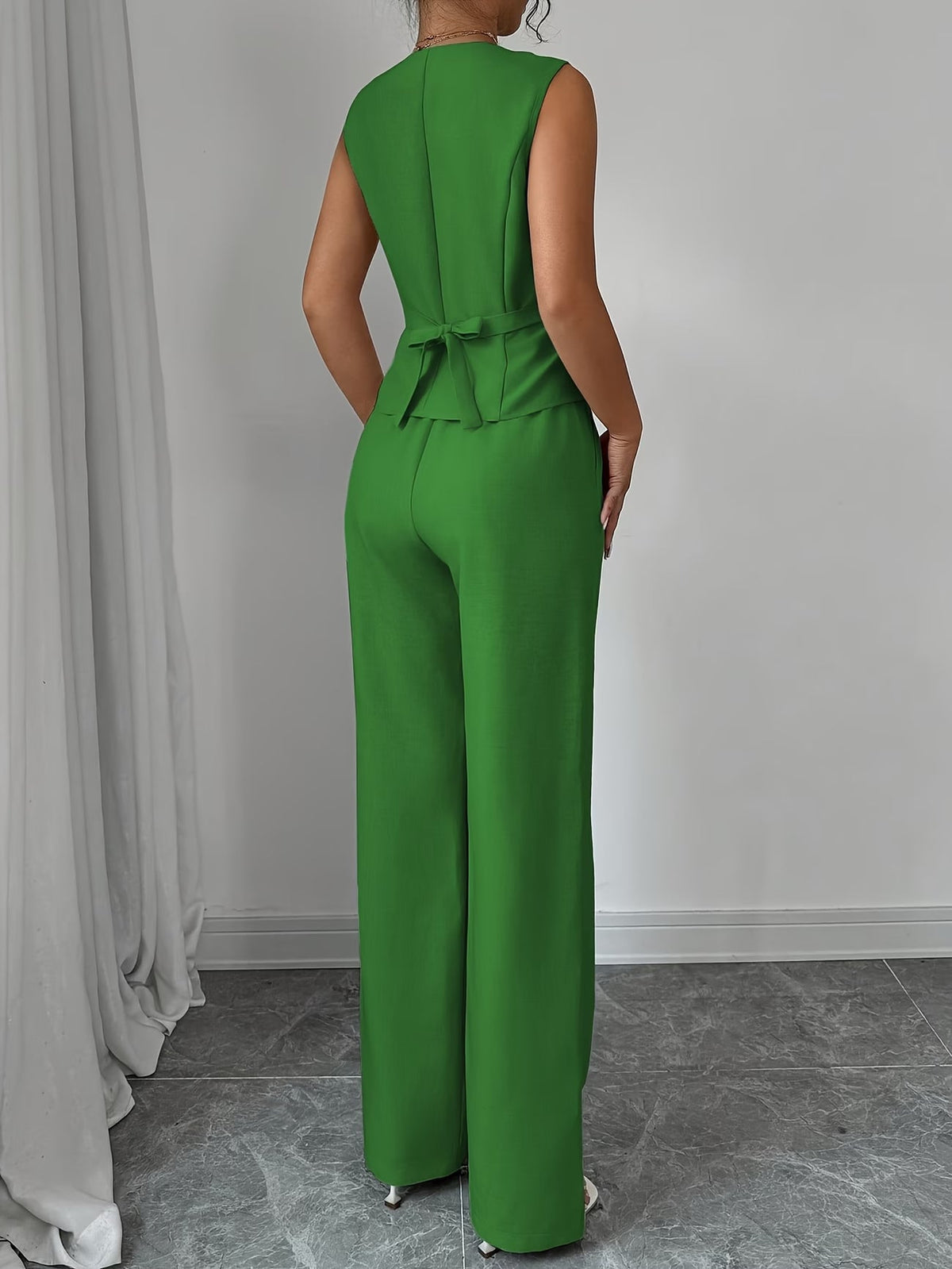 Women's Sleeveless Waist-Cinched Vest & Wide-Leg Pants Two-Piece Set
