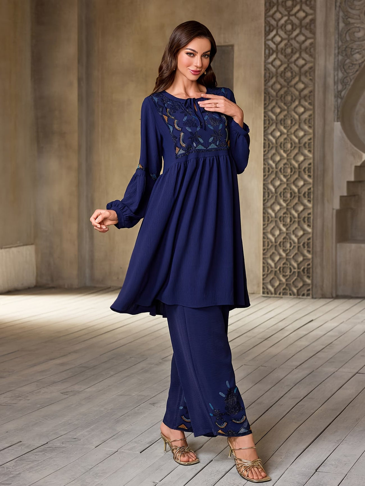 Women's Elegant Rhinestone Detail Long Sleeve Top & Wide-Leg Pants Set