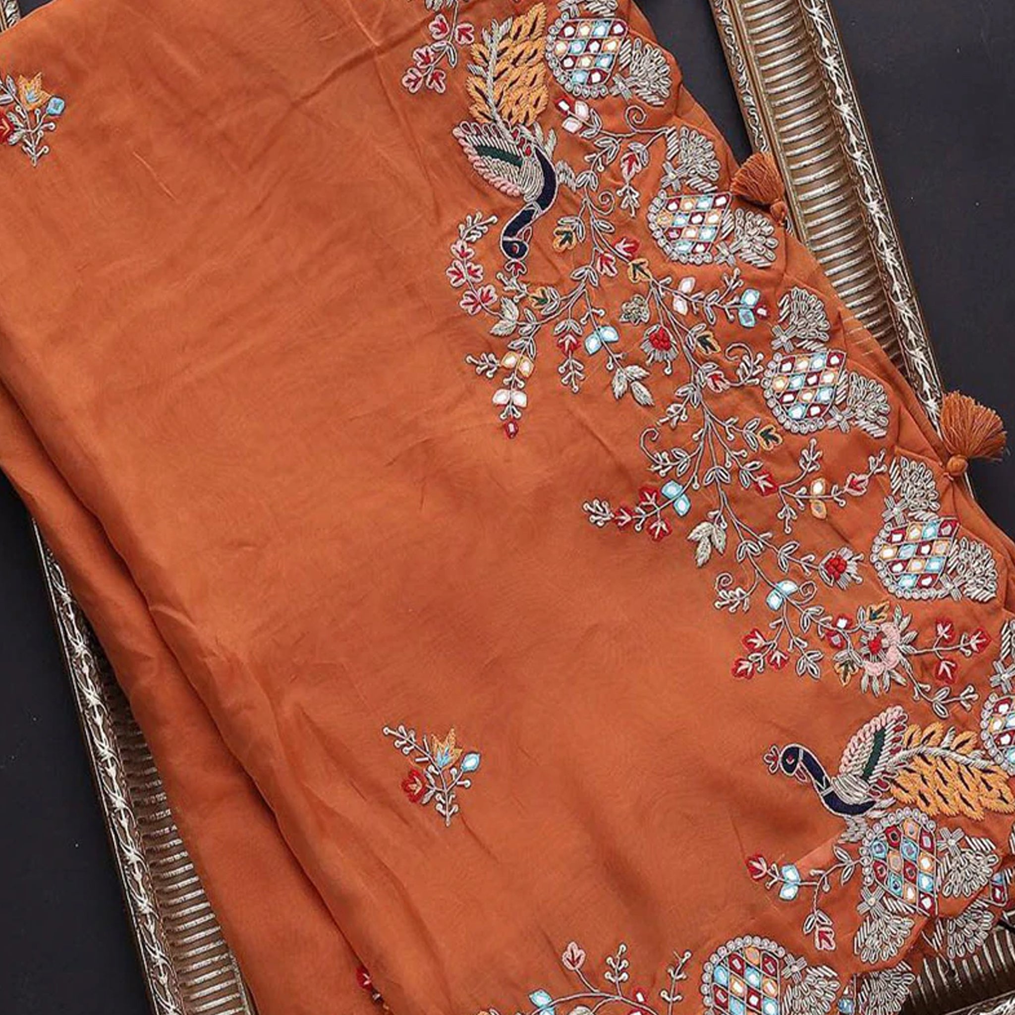 Beautiful Organza Orange Saree with Embroidery work and Contrast matching Mehendi Blouse