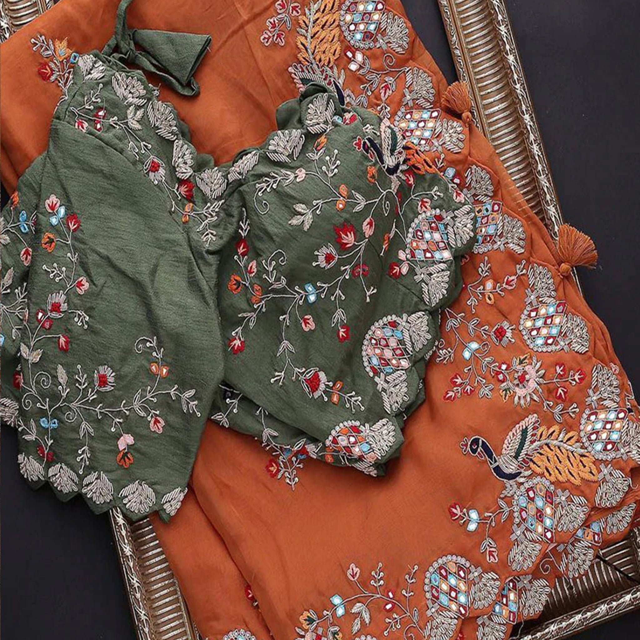 Beautiful Organza Orange Saree with Embroidery work and Contrast matching Mehendi Blouse