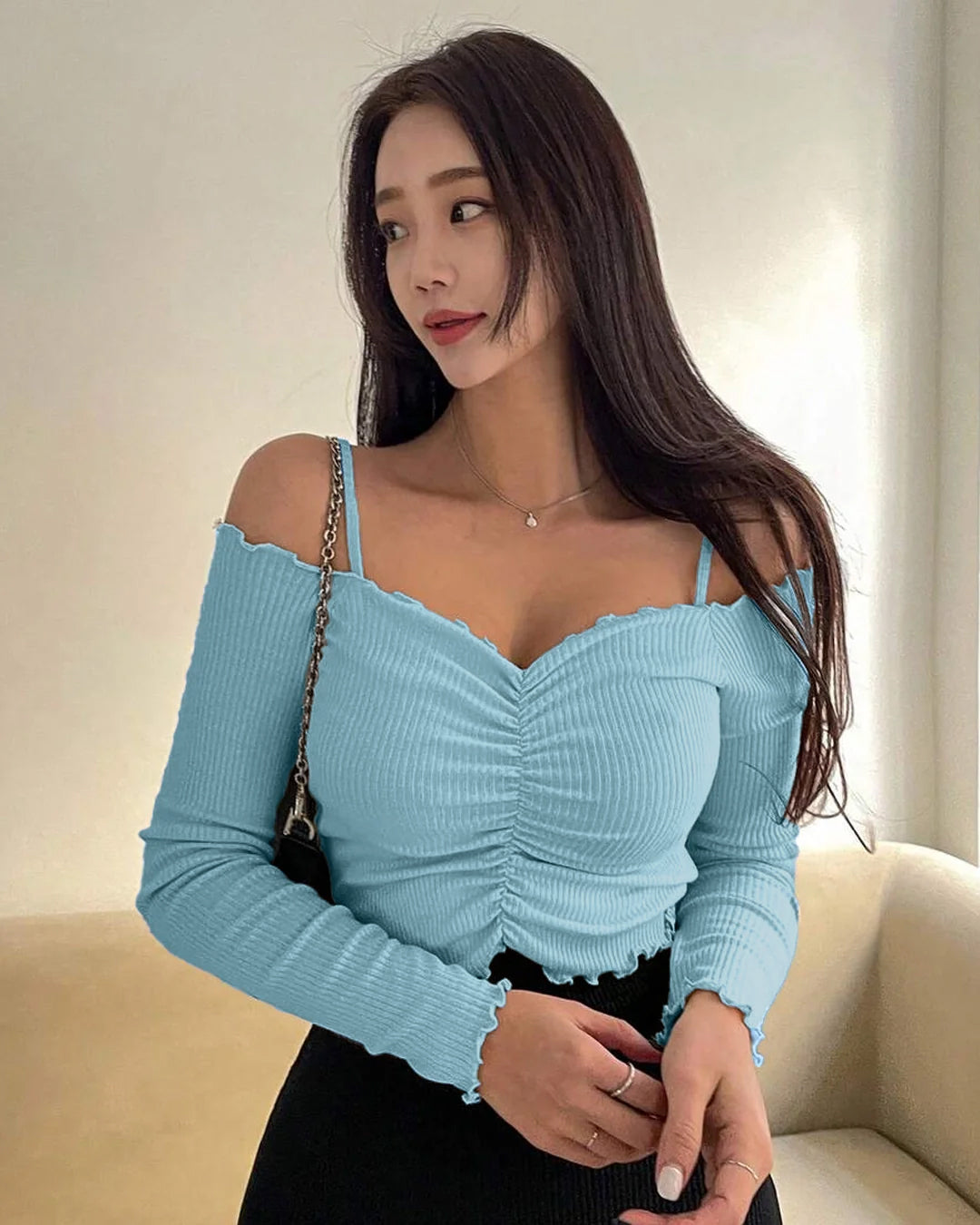 Off-Shoulder Fitted Lettuce Hem Solid Full Sleeves Crop Top in Powder Blue