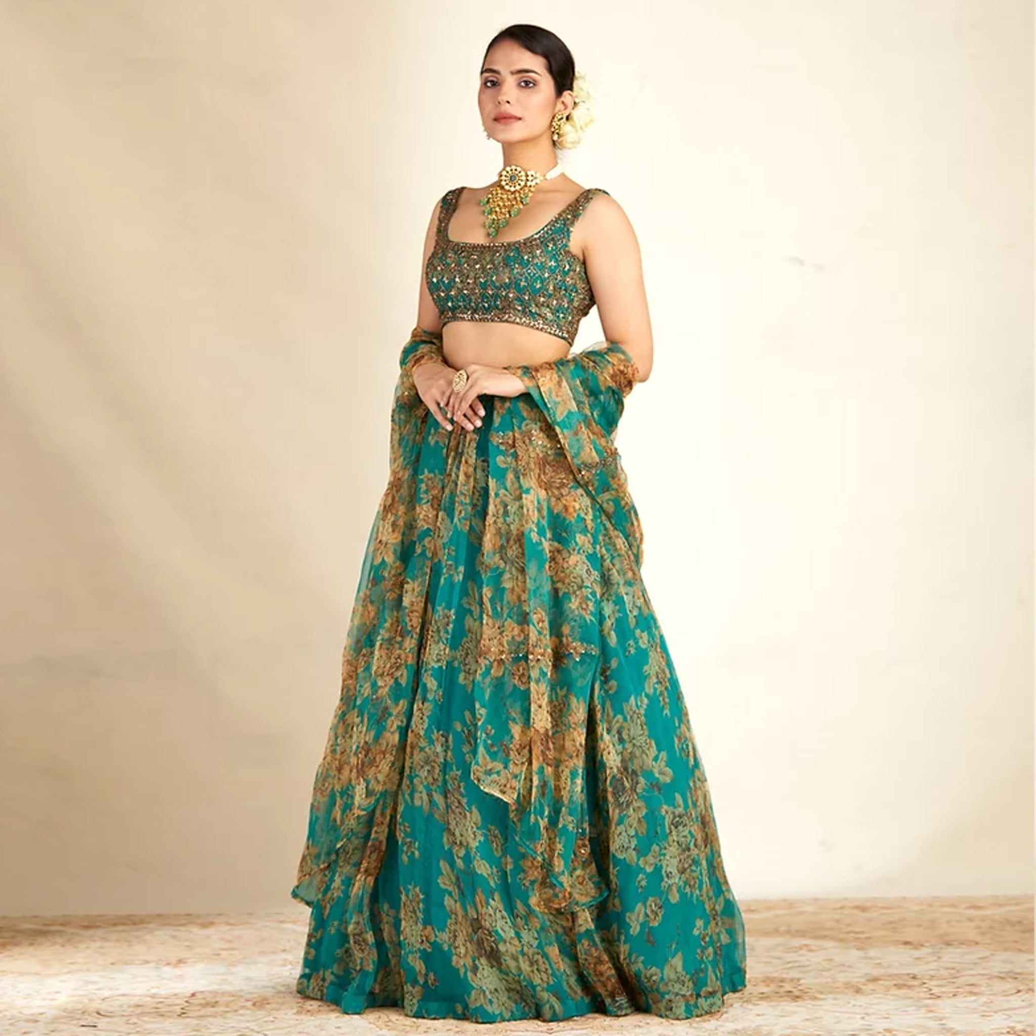 Bottle Green Organza Lehenga Choli with Dori and Sequence Work