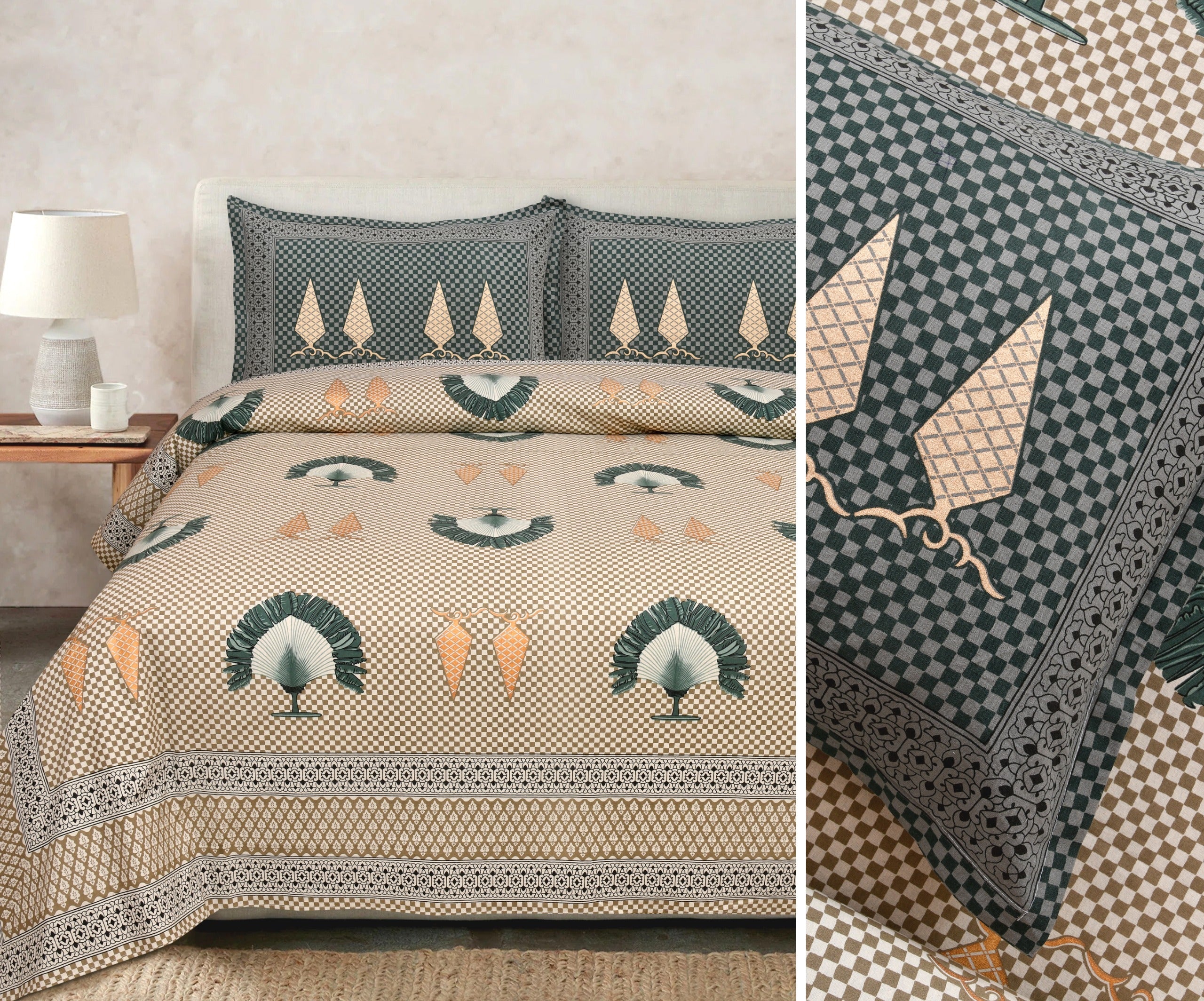 Gold Printed Cotton Bedsheet Set with Coordinating Pillow Covers