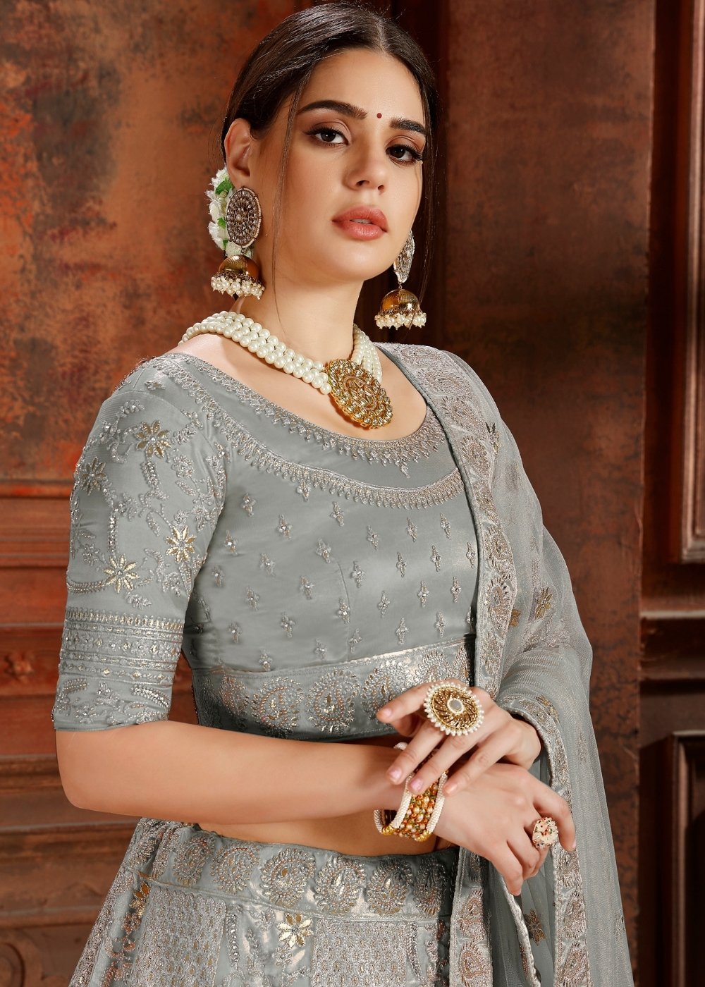 Trout Grey Soft Net Lehenga Choli with Thread, Zari, Zarkan & Pearl work