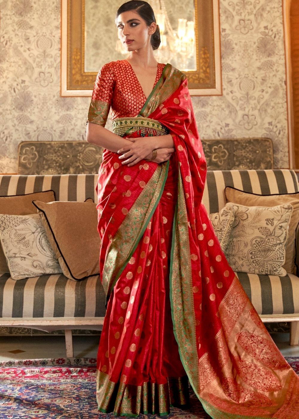 Carmine Red Woven Banarasi Tussar Silk Saree : Top Pick