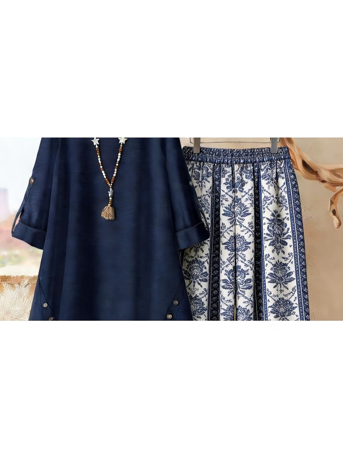 Plus Size Retro Print Two-Piece Set – Casual Long Sleeve Top & Comfortable Pants Outfit for Women