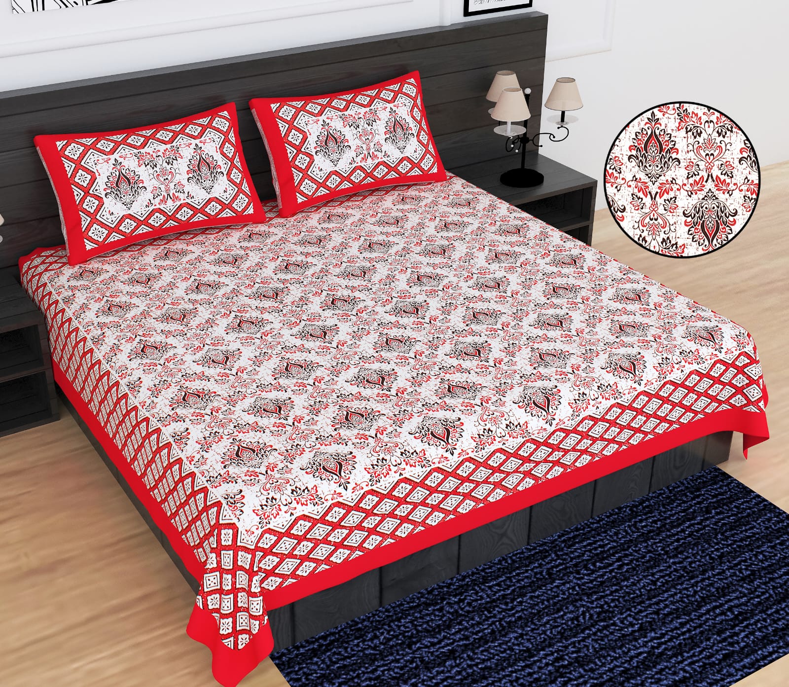 Jaipuri Double Bedsheet Set with Two Pillow Covers - 90x100 Size