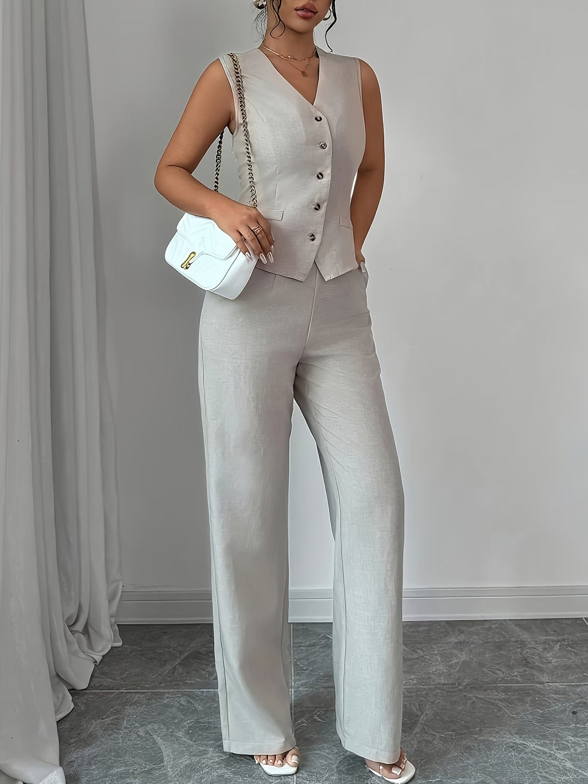 Women's Sleeveless Waist-Cinched Vest & Wide-Leg Pants Two-Piece Set