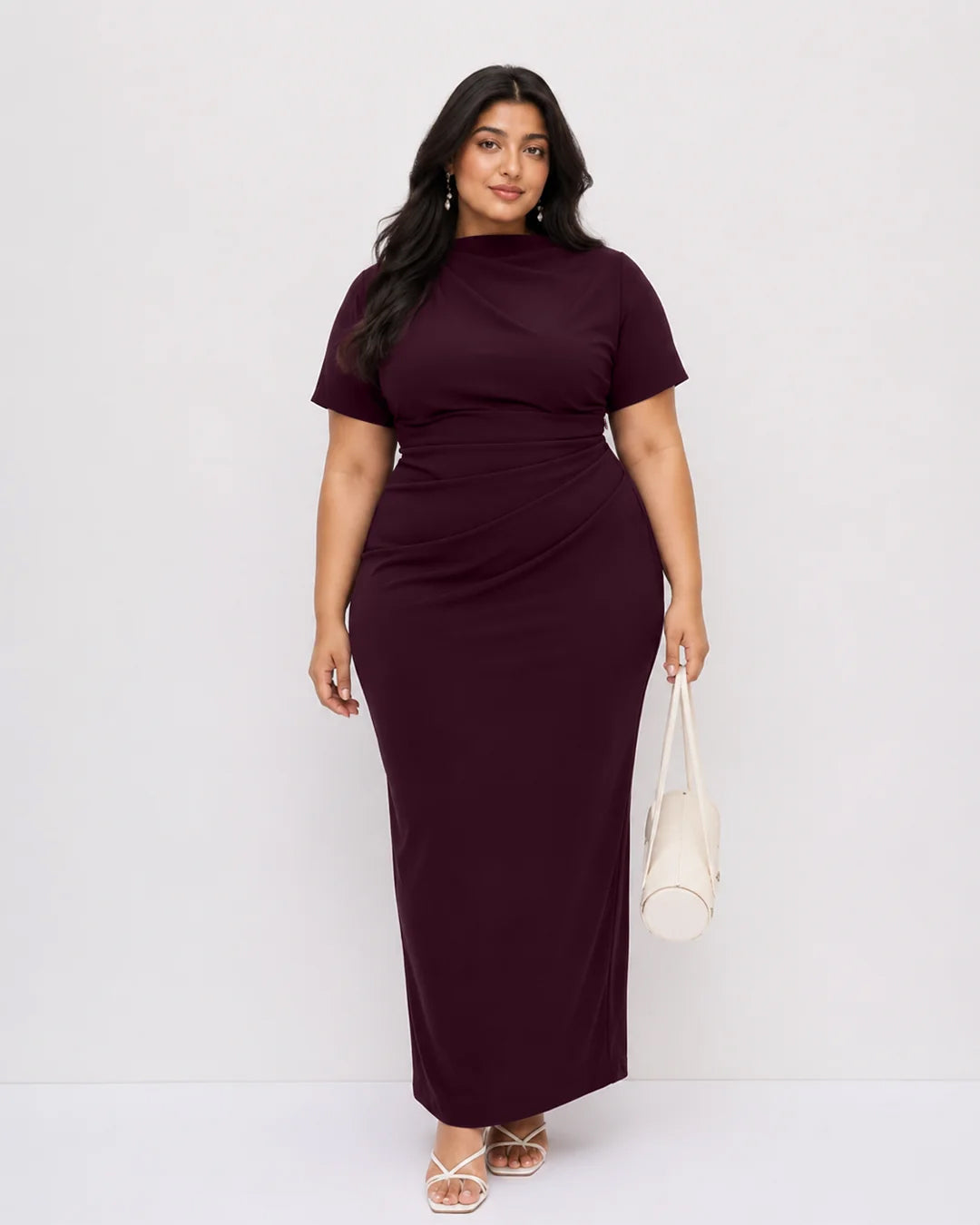 Ruched Boat Neck Dress Curve and Plus in Deep Wine