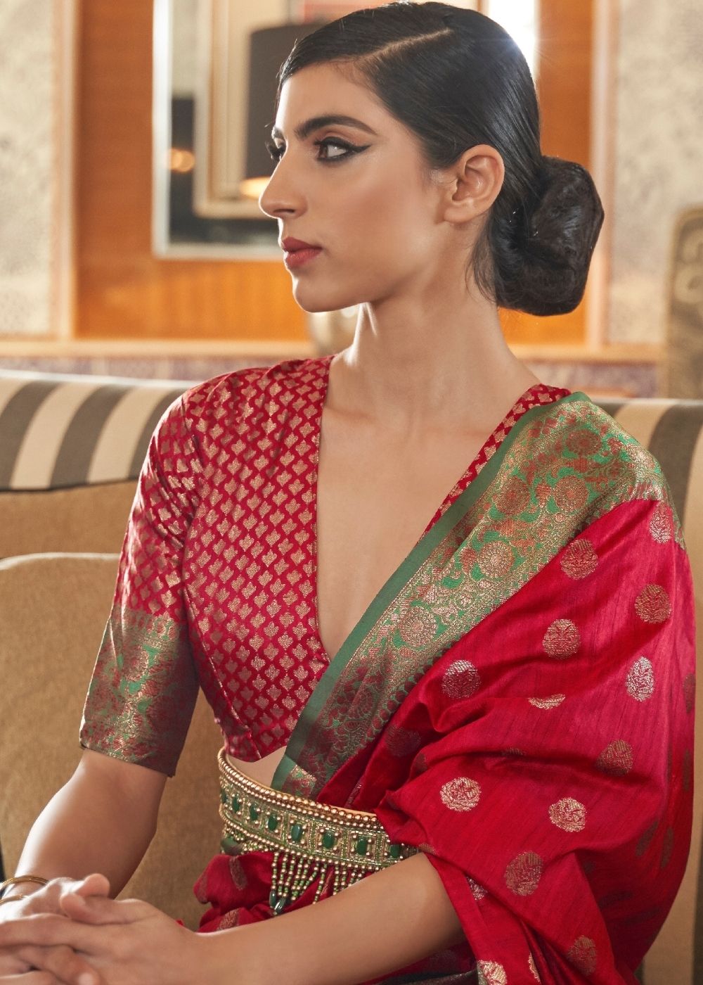 Carmine Red Woven Banarasi Tussar Silk Saree : Top Pick