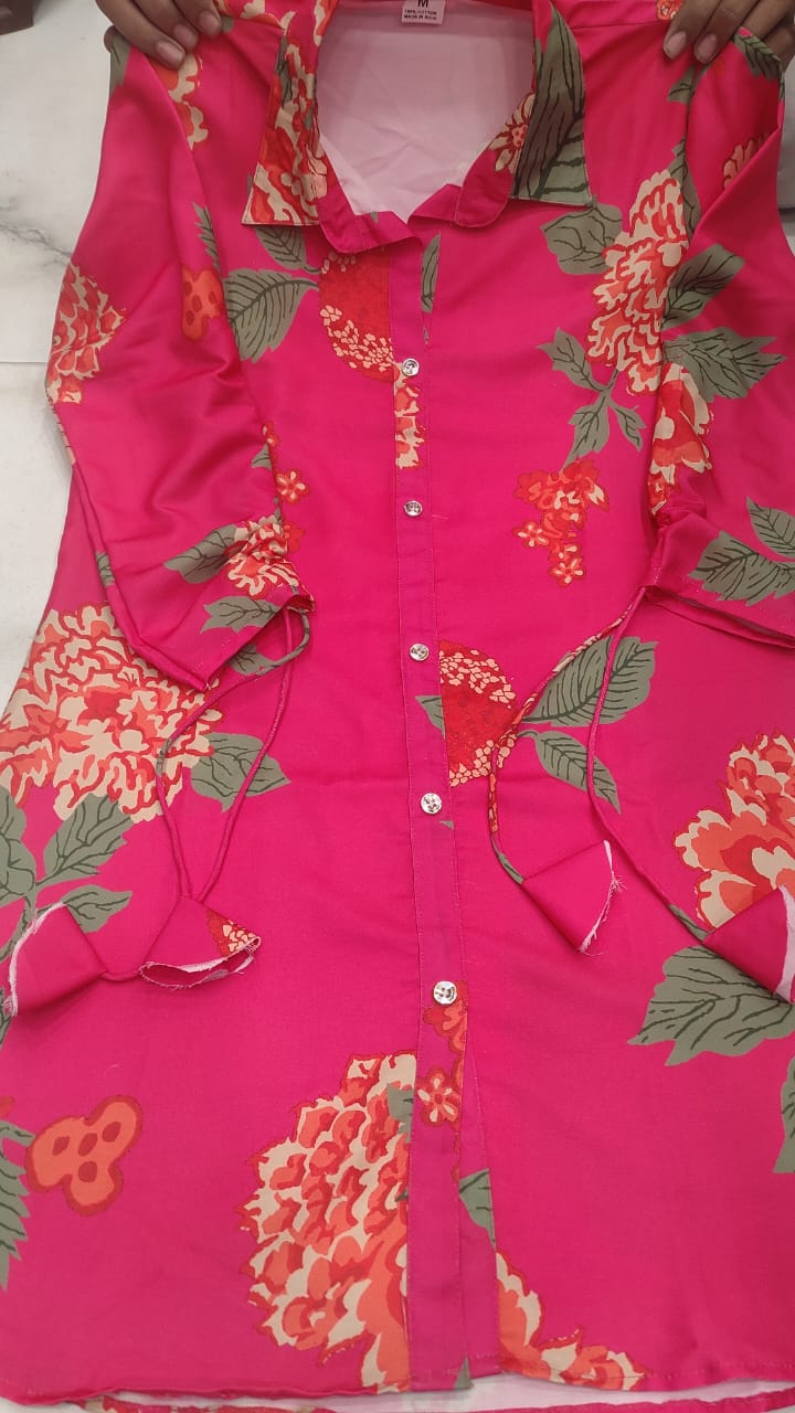Muslin Digital Print Co-Ord Set – Shirt Collar Top with Dori Pattern Sleeves & Matching Pant