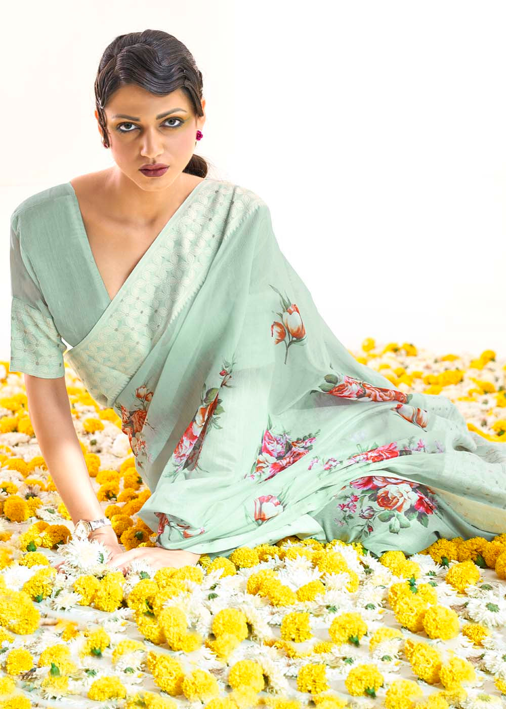 Tea Green Chikankari Silk Saree with Floral Digital Print