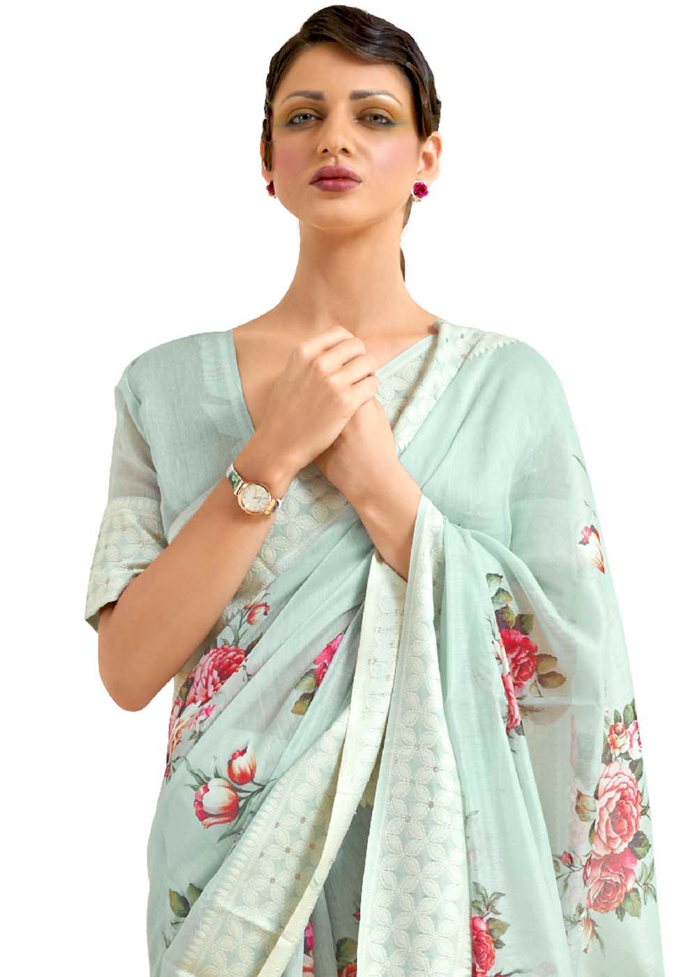 Tea Green Chikankari Silk Saree with Floral Digital Print