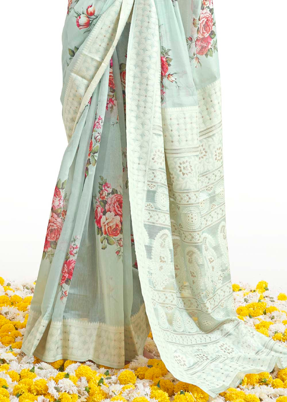 Tea Green Chikankari Silk Saree with Floral Digital Print