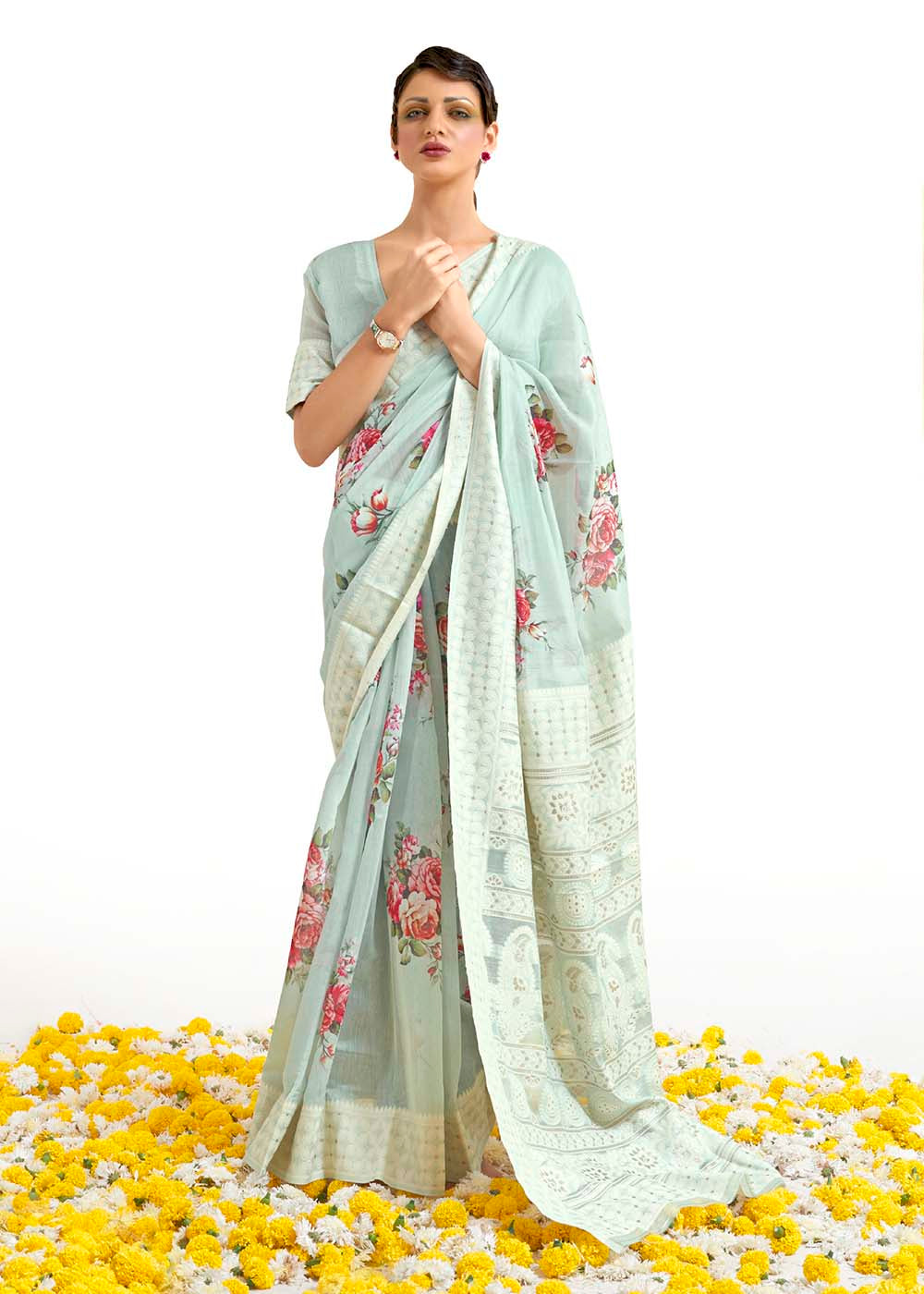 Tea Green Chikankari Silk Saree with Floral Digital Print