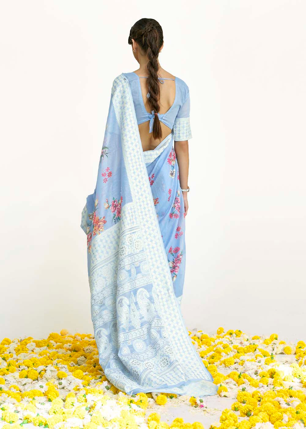 Sky Blue Chikankari Silk Saree with Floral Digital Print