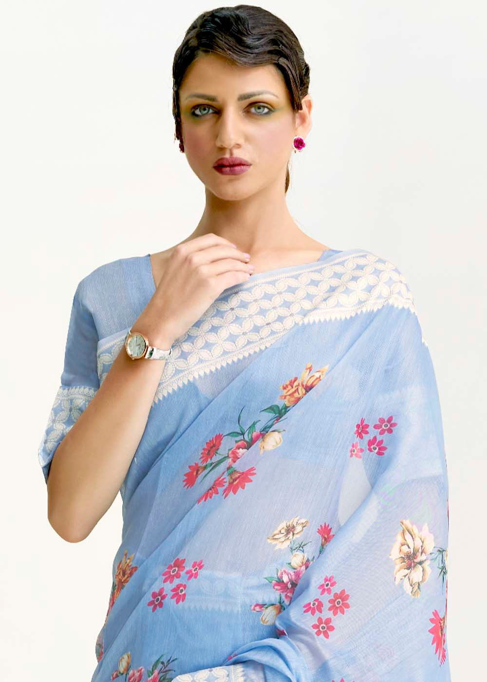Sky Blue Chikankari Silk Saree with Floral Digital Print