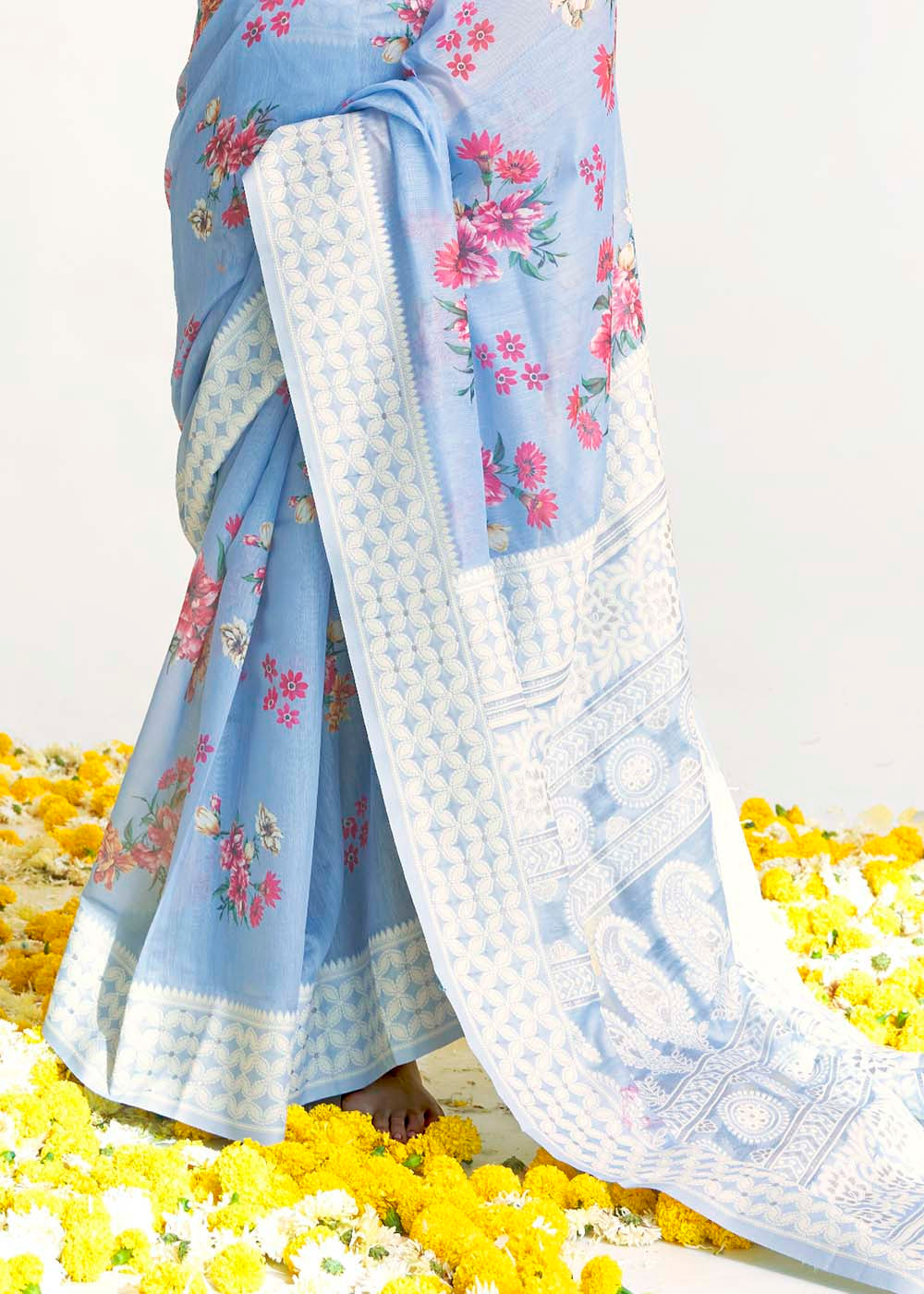 Sky Blue Chikankari Silk Saree with Floral Digital Print