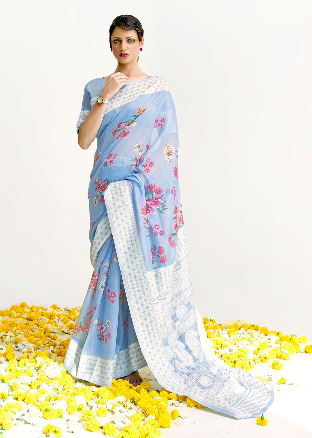 Sky Blue Chikankari Silk Saree with Floral Digital Print