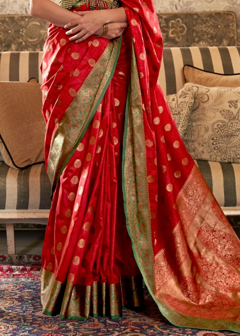 Carmine Red Woven Banarasi Tussar Silk Saree : Top Pick