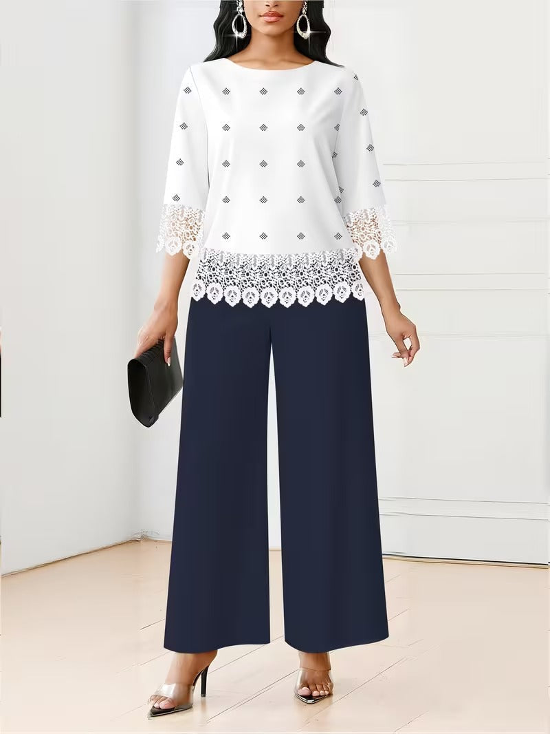 Chic Polka Dot Lace Co-Ord Set – Elegant Round Neck Top with Relaxed Fit Solid Trousers