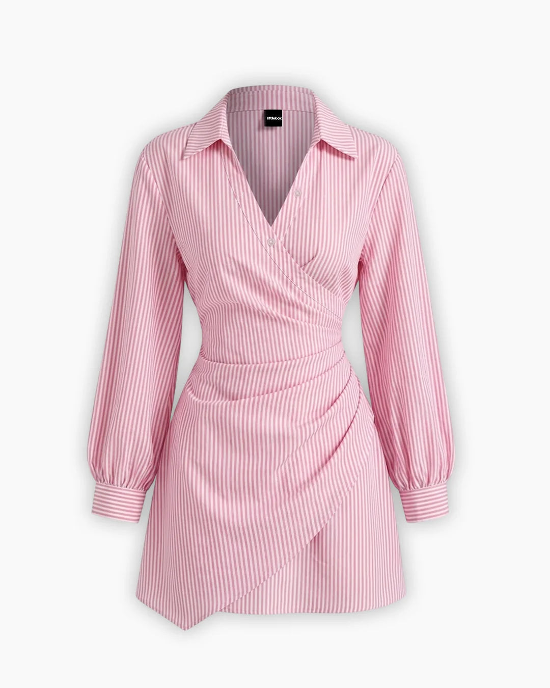 Striped Wrap Front Collared Mini Dress in Powder Pink