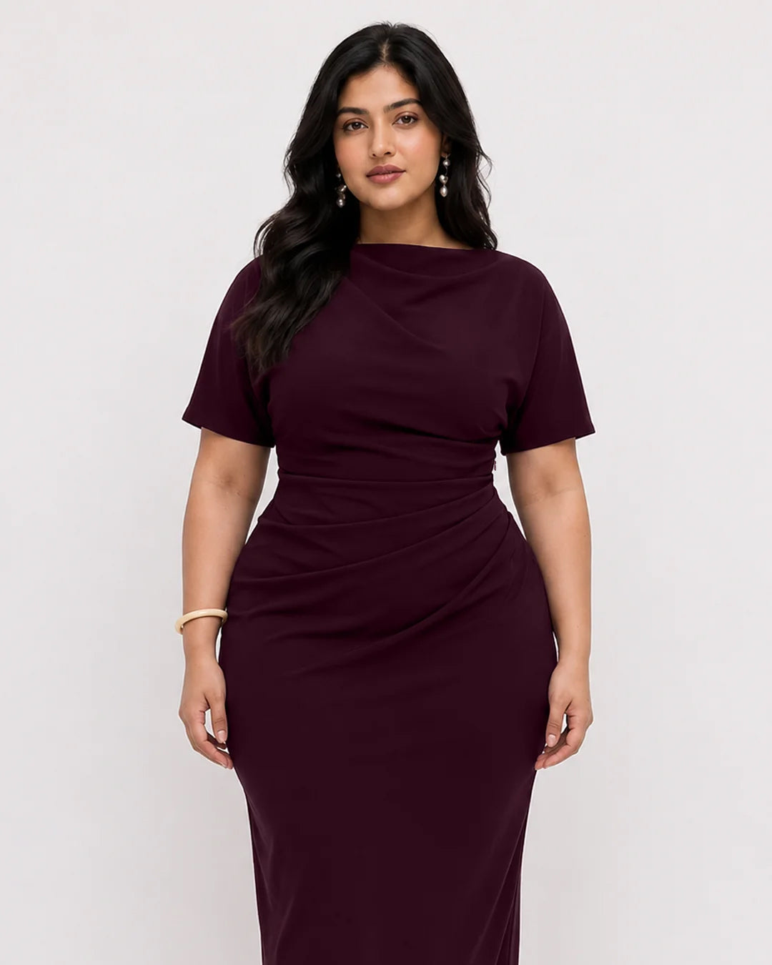 Ruched Boat Neck Dress Curve and Plus in Deep Wine