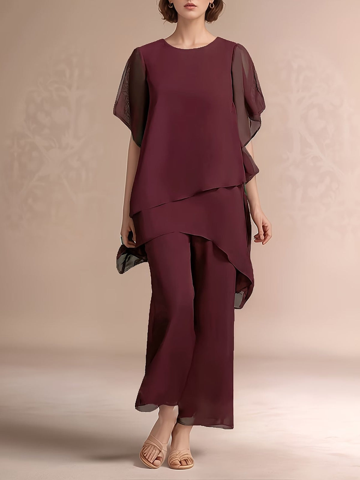 Women'S Chiffon Short Sleeve 2pcs Set Solid Color Irregular Elegant Party Fashion Suit