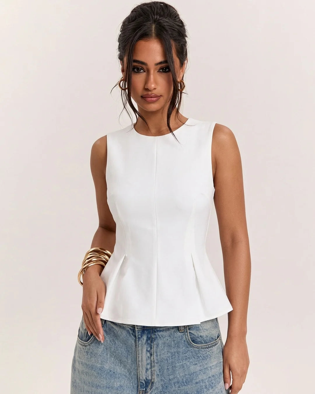 Front Zipper Round Neck Sleeveless Peplum Top in Off White