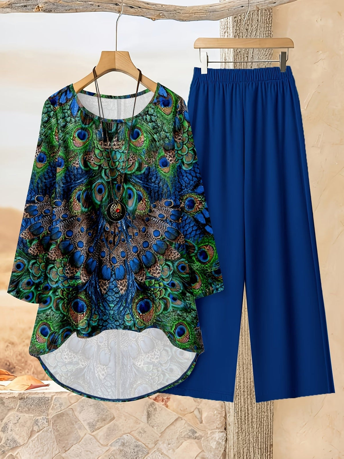 Loose Fit Irregular Print High-Low Hem Top with Solid Pants – Women’s Casual Two-Piece Outfit