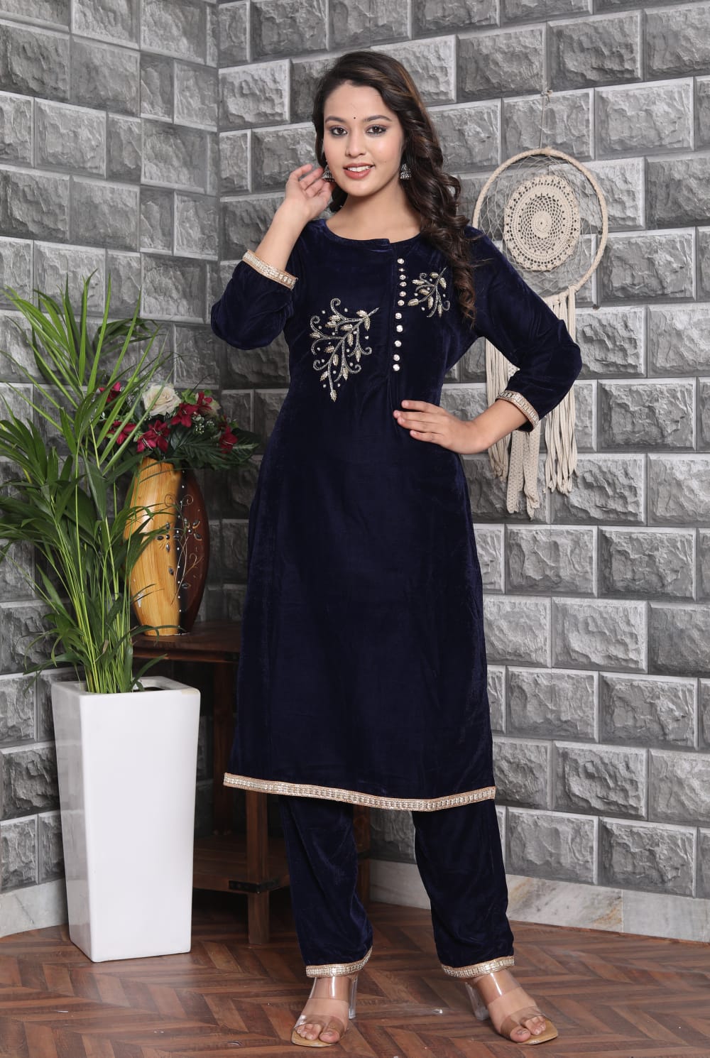 Velvet Co-ord Set with Adda Work