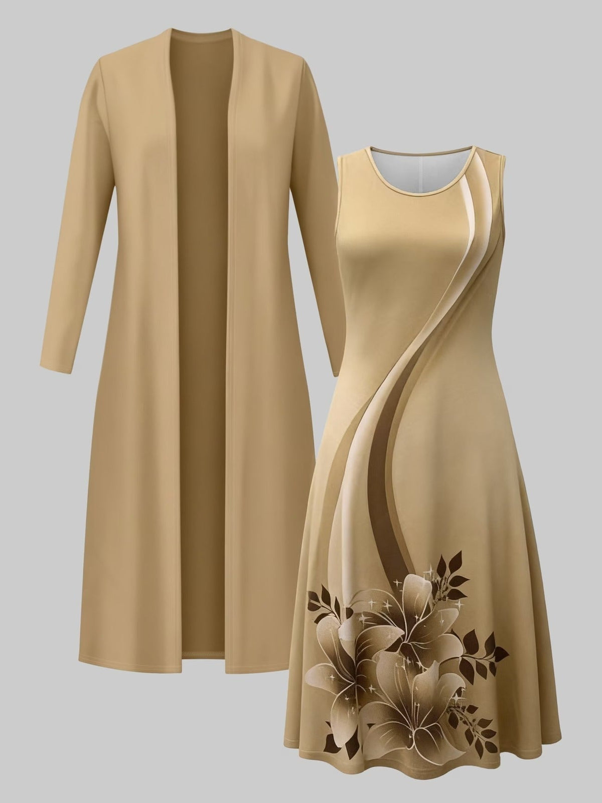 Elegant Floral Suspender Dress Set with Chic Long-Sleeve Blazer