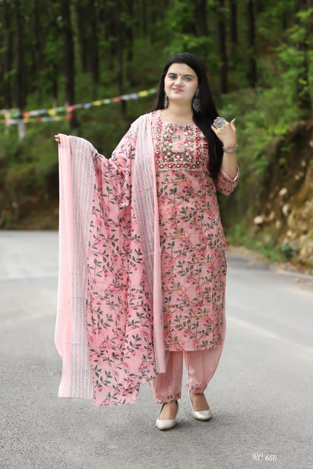 Pink Cotton Embroidered Kurta with Afghani Pant and Dupatta Set